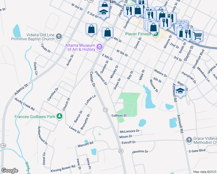 map of restaurants, bars, coffee shops, grocery stores, and more near 403 Pinecrest Drive in Vidalia