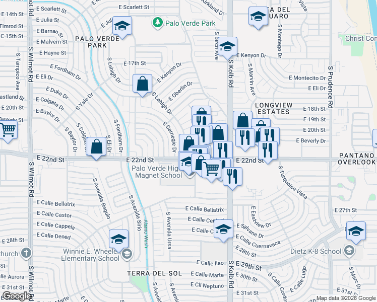 map of restaurants, bars, coffee shops, grocery stores, and more near 6941 East 22nd Street in Tucson