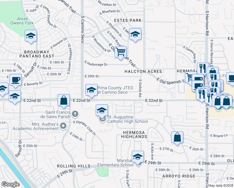 map of restaurants, bars, coffee shops, grocery stores, and more near 8914 East Abrams Loop in Tucson