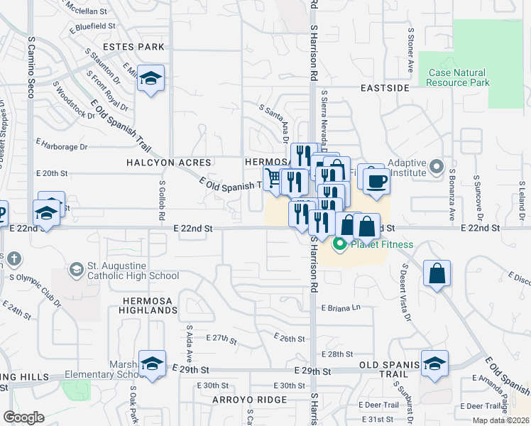 map of restaurants, bars, coffee shops, grocery stores, and more near 1228 South Brush Canyon Drive in Tucson