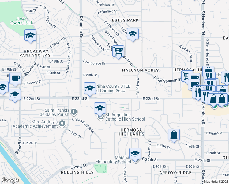 map of restaurants, bars, coffee shops, grocery stores, and more near 8914 East Abrams Loop in Tucson