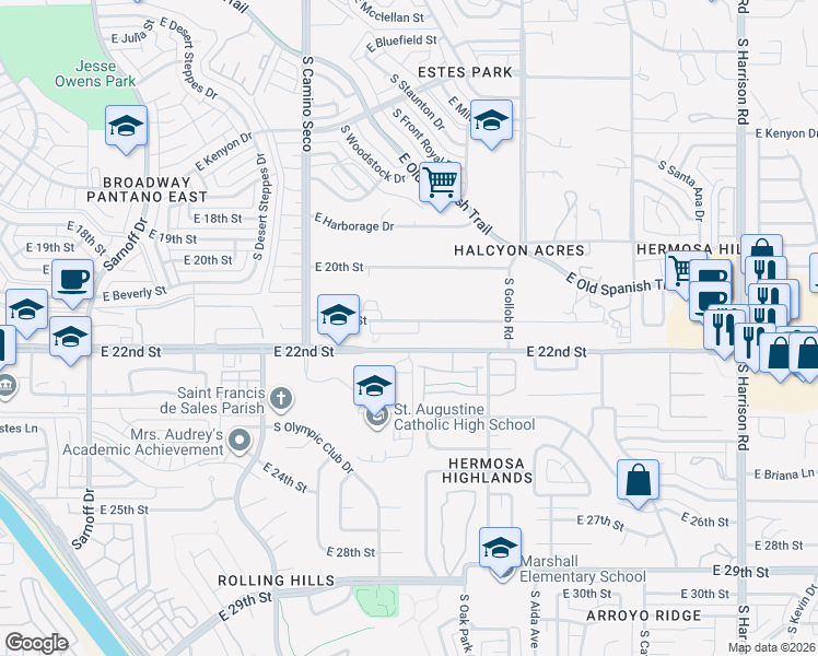 map of restaurants, bars, coffee shops, grocery stores, and more near 8868 East Abrams Loop in Tucson