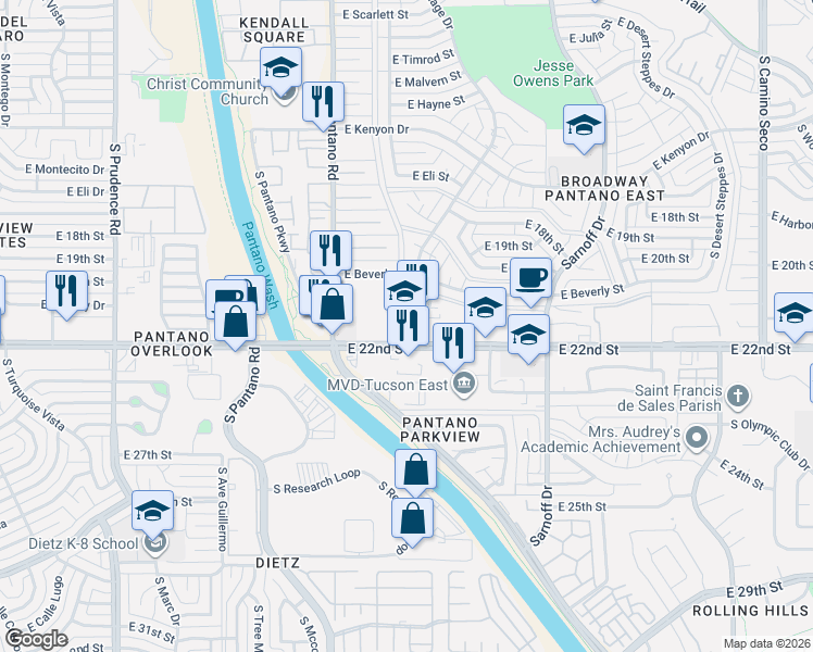 map of restaurants, bars, coffee shops, grocery stores, and more near 8001 E 22nd St in Tucson