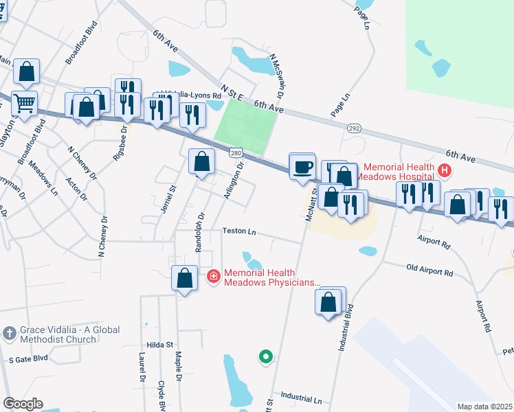 map of restaurants, bars, coffee shops, grocery stores, and more near 2008 Teston Lane in Vidalia