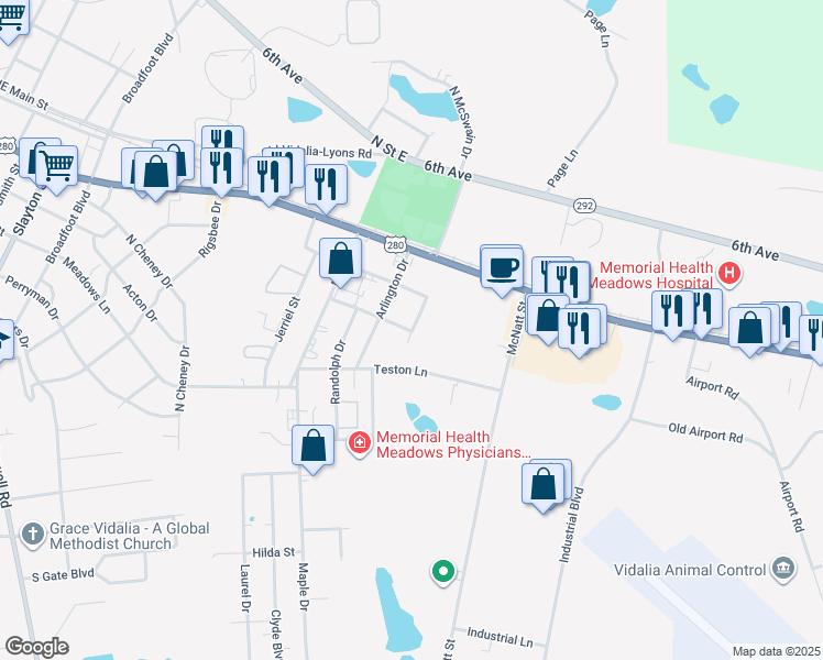 map of restaurants, bars, coffee shops, grocery stores, and more near 204 Nita Drive in Vidalia