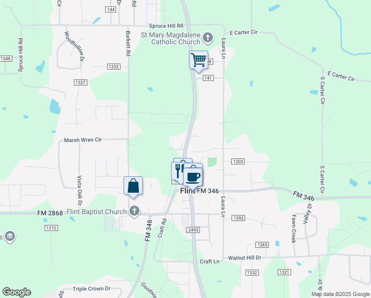 map of restaurants, bars, coffee shops, grocery stores, and more near Farm to Market Road 2493 in Flint