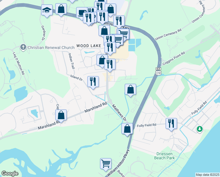 map of restaurants, bars, coffee shops, grocery stores, and more near 131 Mathews Drive in Hilton Head Island