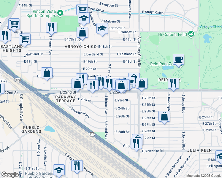 map of restaurants, bars, coffee shops, grocery stores, and more near 1201 South Bristol Avenue in Tucson
