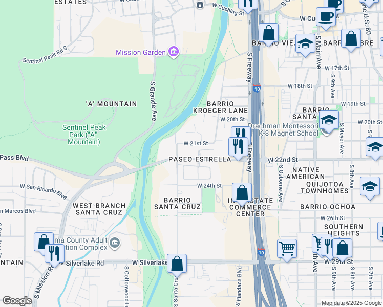 map of restaurants, bars, coffee shops, grocery stores, and more near 944 West Calle Carasol in Tucson