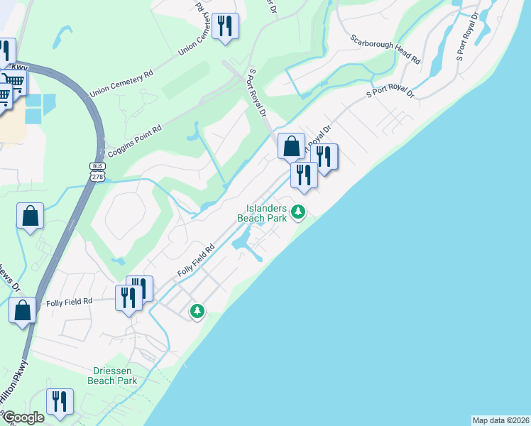 map of restaurants, bars, coffee shops, grocery stores, and more near Waterway in Hilton Head Island