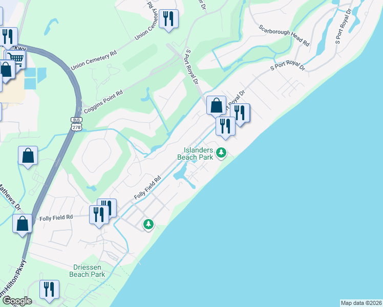 map of restaurants, bars, coffee shops, grocery stores, and more near Waterway in Hilton Head Island