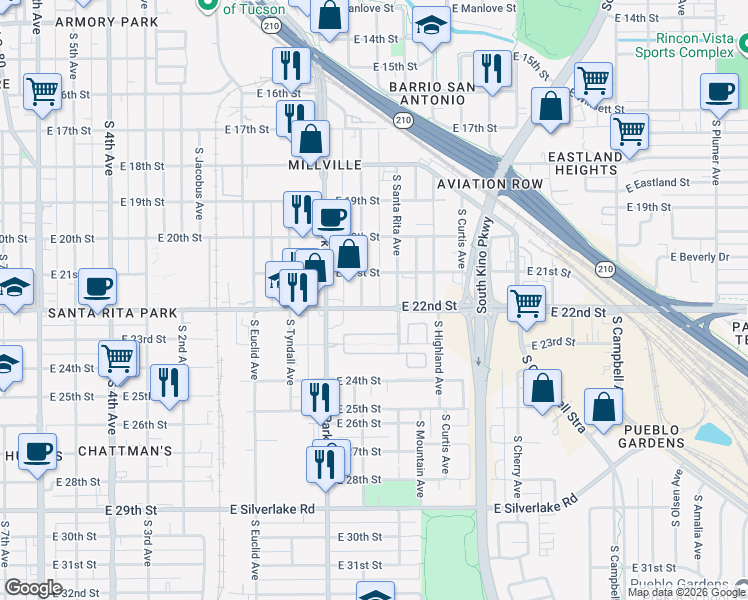 map of restaurants, bars, coffee shops, grocery stores, and more near 1001 East 22nd Street in Tucson