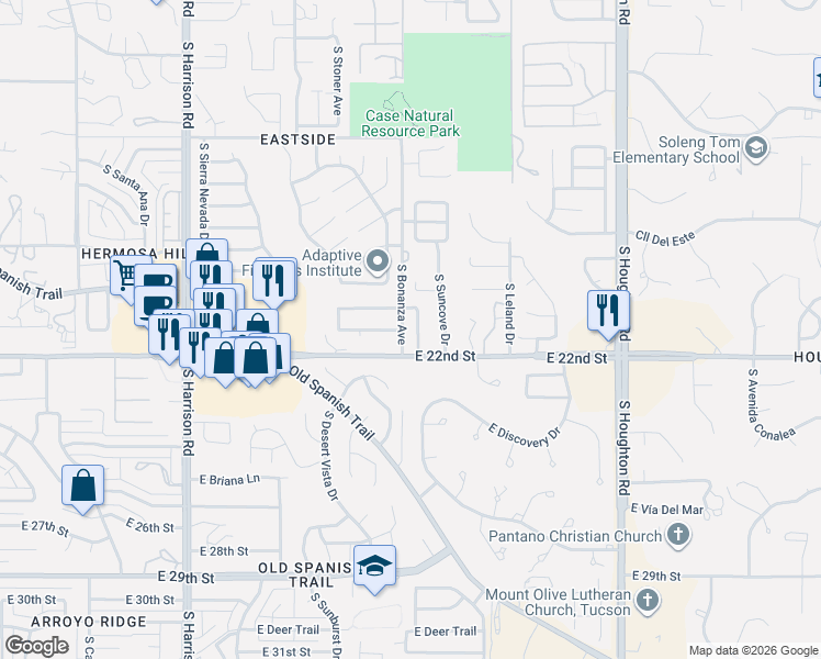 map of restaurants, bars, coffee shops, grocery stores, and more near 1130 Red Colt Road in Tucson