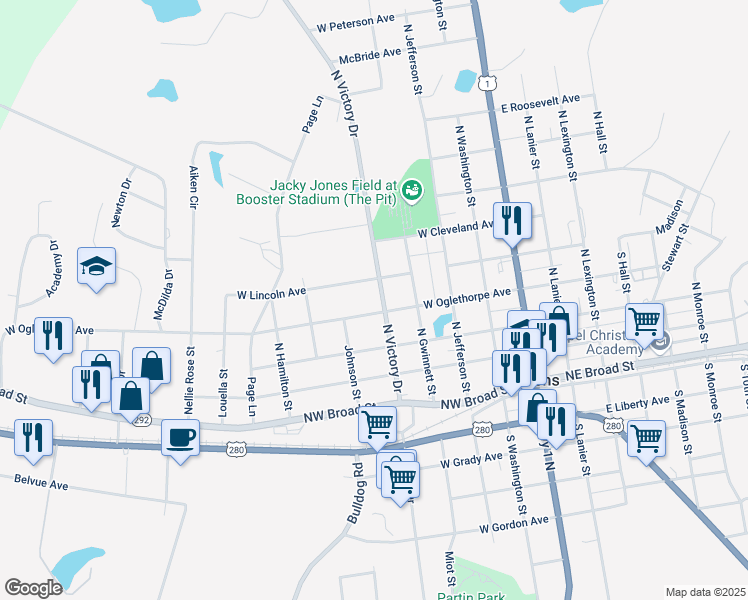 map of restaurants, bars, coffee shops, grocery stores, and more near 303 West Oglethorpe Avenue in Lyons