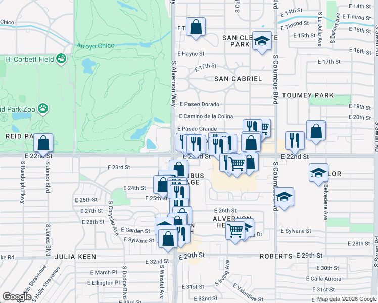 map of restaurants, bars, coffee shops, grocery stores, and more near 3911 East Camino De Palmas in Tucson