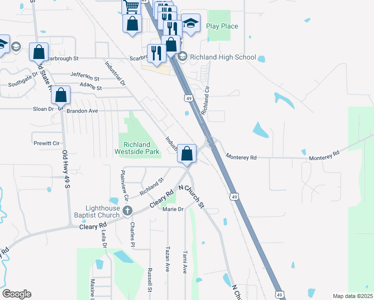 map of restaurants, bars, coffee shops, grocery stores, and more near 615 Industrial Drive in Richland