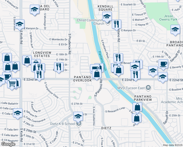 map of restaurants, bars, coffee shops, grocery stores, and more near 7655 East Saguaro Overlook Drive in Tucson