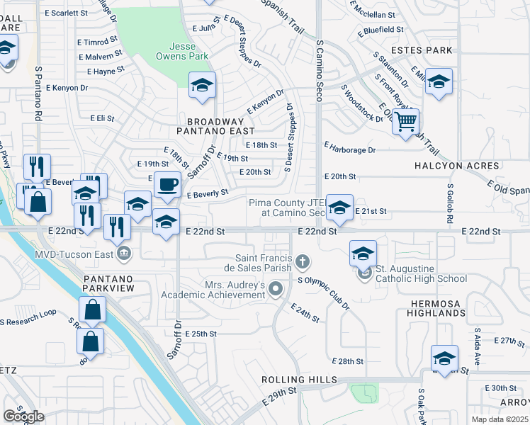 map of restaurants, bars, coffee shops, grocery stores, and more near 8569 East Seabury Court in Tucson