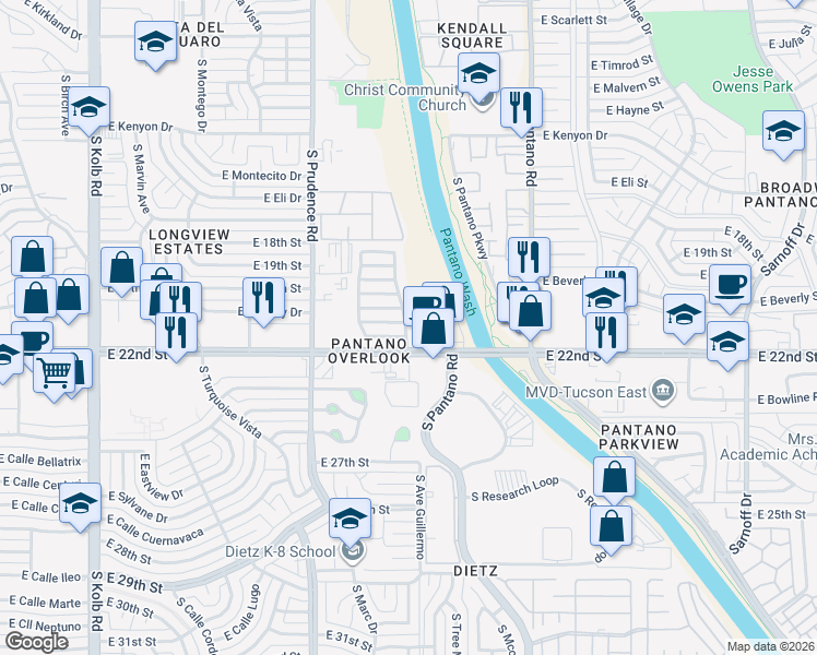 map of restaurants, bars, coffee shops, grocery stores, and more near 7655 East Saguaro Overlook Drive in Tucson