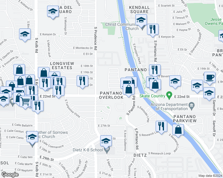 map of restaurants, bars, coffee shops, grocery stores, and more near 7595 East Saguaro Overlook Drive in Tucson