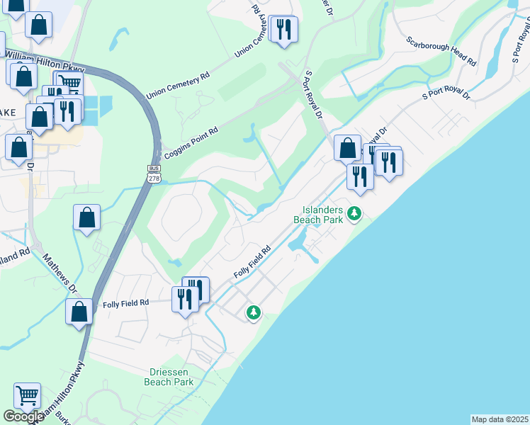 map of restaurants, bars, coffee shops, grocery stores, and more near 14 Wimbledon Court in Hilton Head Island