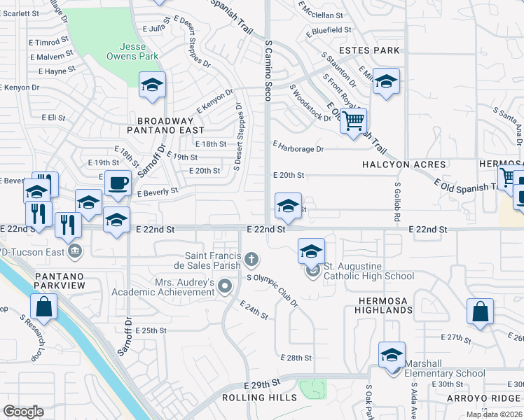 map of restaurants, bars, coffee shops, grocery stores, and more near 8697 East Placita Morelia in Tucson