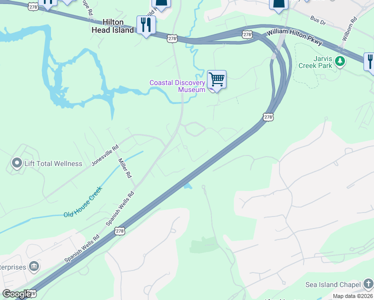 map of restaurants, bars, coffee shops, grocery stores, and more near 18 Jarvis Creek Lane in Hilton Head Island