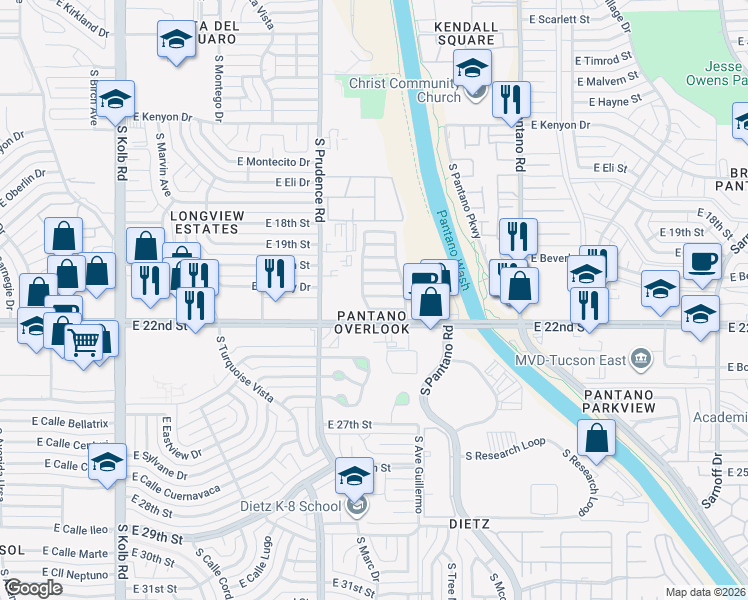 map of restaurants, bars, coffee shops, grocery stores, and more near 7595 East Saguaro Overlook Drive in Tucson