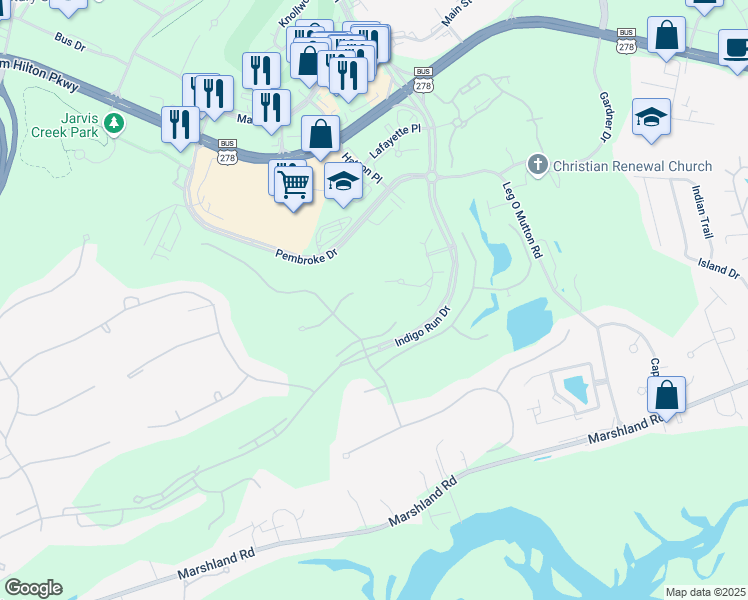 map of restaurants, bars, coffee shops, grocery stores, and more near 22 Balsams Court in Hilton Head Island