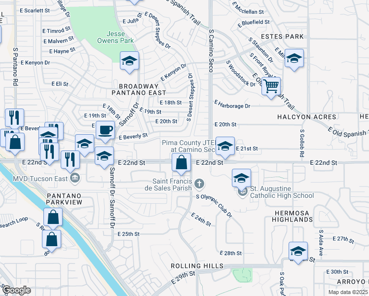 map of restaurants, bars, coffee shops, grocery stores, and more near 8569 East Seabury Court in Tucson