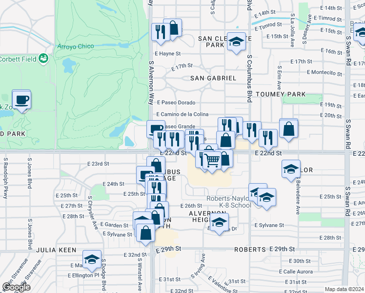 map of restaurants, bars, coffee shops, grocery stores, and more near 4019 East Camino De Palmas in Tucson