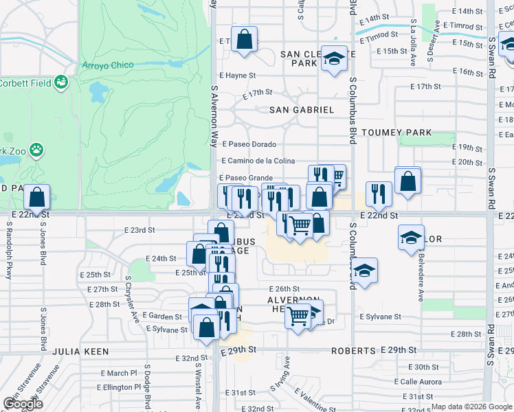 map of restaurants, bars, coffee shops, grocery stores, and more near 4019 East Camino De Palmas in Tucson