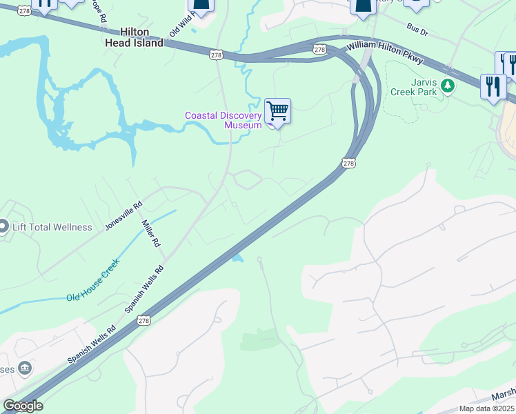 map of restaurants, bars, coffee shops, grocery stores, and more near 30 Jarvis Creek Lane in Hilton Head Island