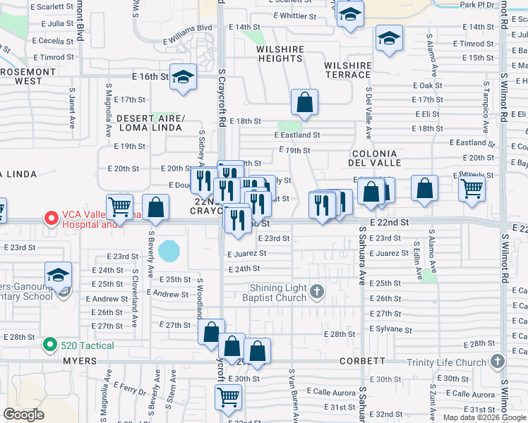 map of restaurants, bars, coffee shops, grocery stores, and more near 5636 East 21st Street in Tucson