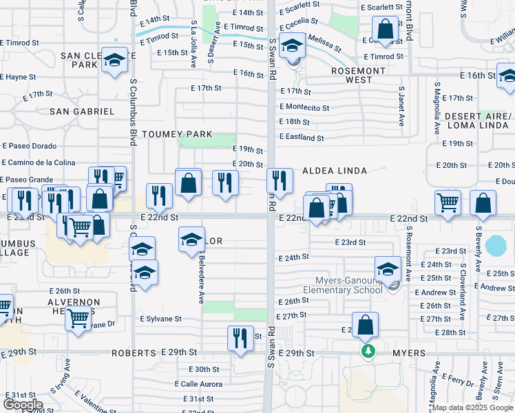 map of restaurants, bars, coffee shops, grocery stores, and more near 4649 East 22nd Street in Tucson