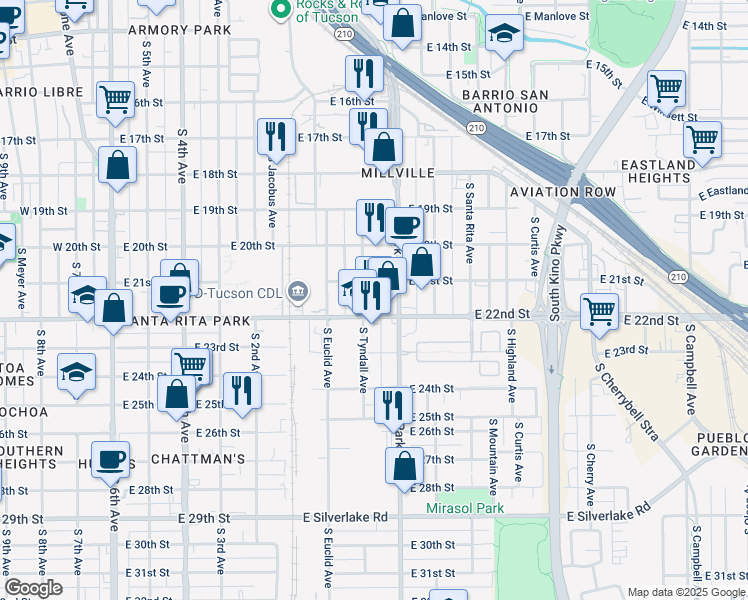 map of restaurants, bars, coffee shops, grocery stores, and more near 1100 South Tyndall Avenue in Tucson
