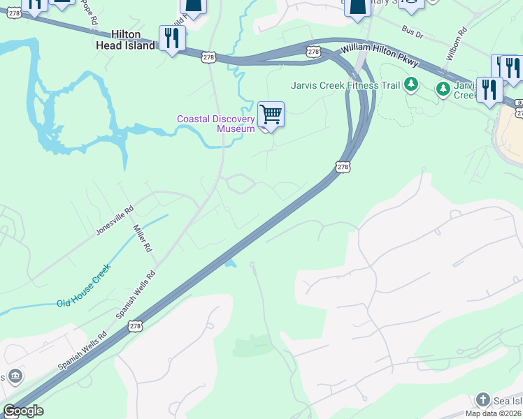 map of restaurants, bars, coffee shops, grocery stores, and more near 30 Jarvis Creek Lane in Hilton Head Island