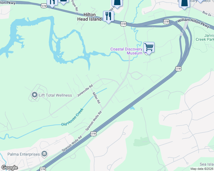 map of restaurants, bars, coffee shops, grocery stores, and more near 32 Jonesville Road in Hilton Head Island