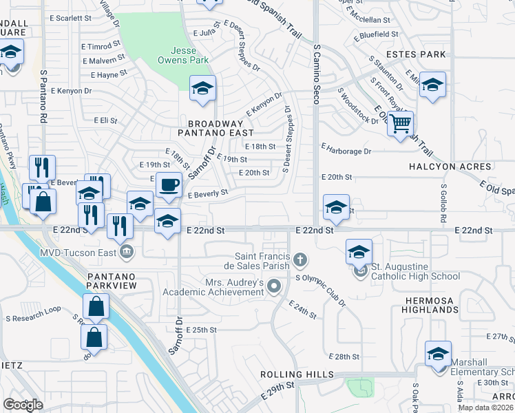 map of restaurants, bars, coffee shops, grocery stores, and more near 8530 East Seabury Court in Tucson