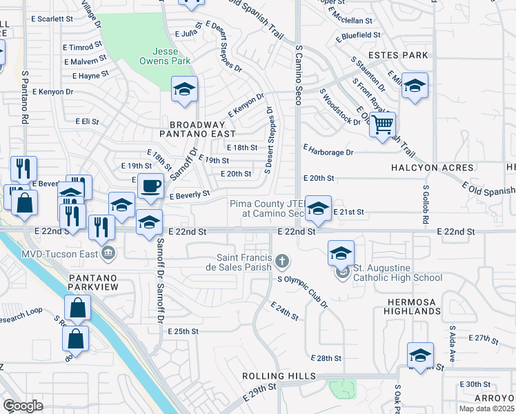 map of restaurants, bars, coffee shops, grocery stores, and more near 8569 East Seabury Court in Tucson