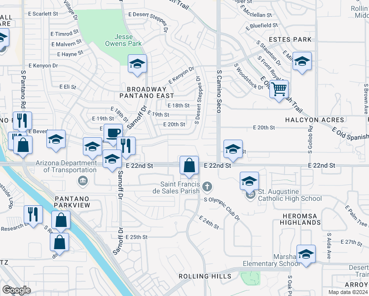 map of restaurants, bars, coffee shops, grocery stores, and more near 8569 East Seabury Court in Tucson