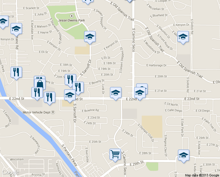 map of restaurants, bars, coffee shops, grocery stores, and more near 8569 East Seabury Court in Tucson