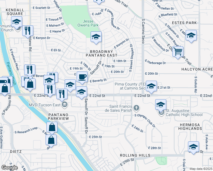 map of restaurants, bars, coffee shops, grocery stores, and more near 8416 East Beverly Street in Tucson
