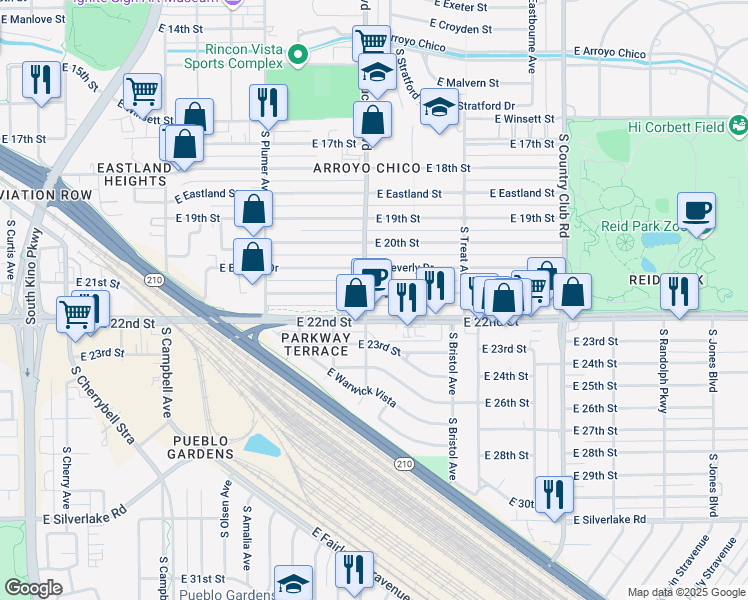 map of restaurants, bars, coffee shops, grocery stores, and more near 2439 East 21st Street in Tucson