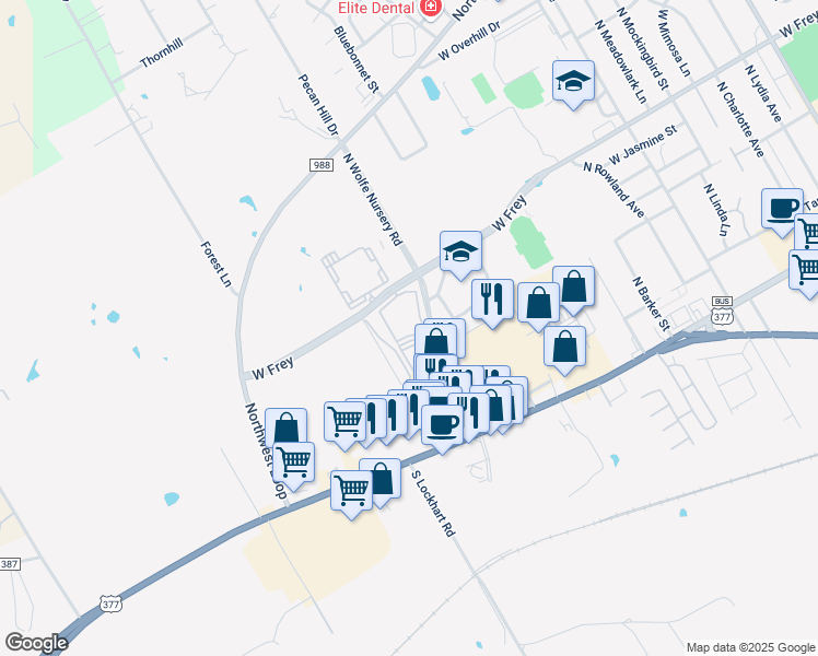 map of restaurants, bars, coffee shops, grocery stores, and more near 2820 West Frey in Stephenville