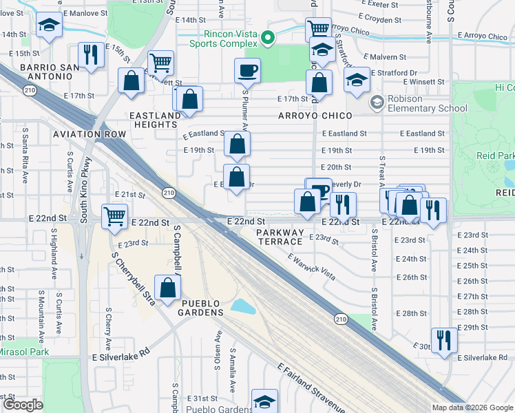 map of restaurants, bars, coffee shops, grocery stores, and more near 2222 East 21st Street in Tucson