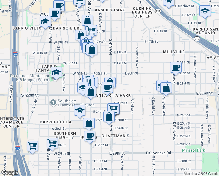 map of restaurants, bars, coffee shops, grocery stores, and more near 1104 South 4th Avenue in Tucson