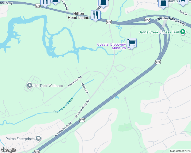 map of restaurants, bars, coffee shops, grocery stores, and more near 32 Jonesville Road in Hilton Head Island