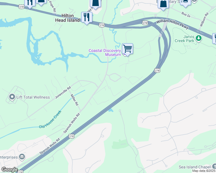 map of restaurants, bars, coffee shops, grocery stores, and more near 18 Jarvis Creek Lane in Hilton Head Island