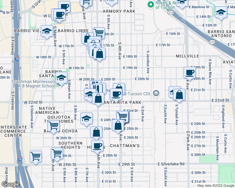 map of restaurants, bars, coffee shops, grocery stores, and more near 1104 South 4th Avenue in Tucson